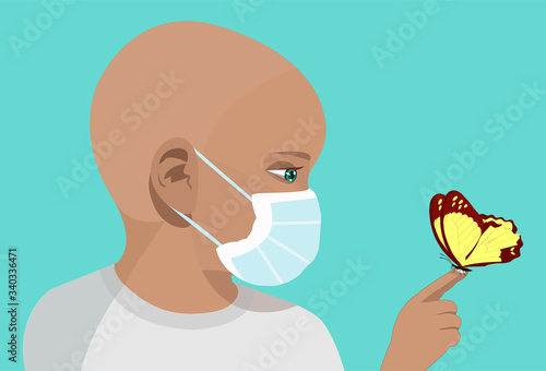 Illustration of a Bald Kid Wearing Face Mask, Sick with Cancer and looking at the butterfly. Isolated on blue background