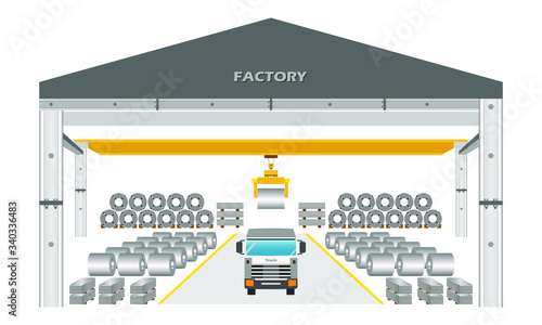 Factory warehouse steel sheet and coil with truck loading, vector
