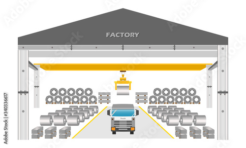 Factory warehouse steel sheet and coil with truck loading, illustration