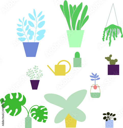 vector set of gardening tools, plants and pots 