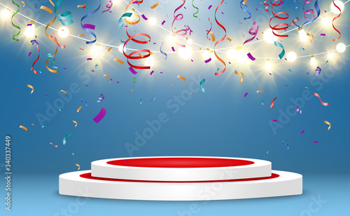 Winner background with signs of first, second and third place on a round pedestal. Vector winner podium sports symbols.