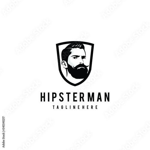 Hipster man logo design. Awesome hipster man logo. A man with shield & beard logotype.