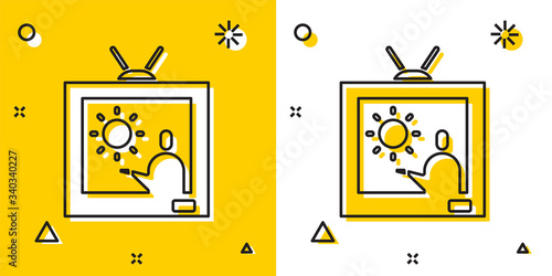 Black Weather forecast icon isolated on yellow and white background. Random dynamic shapes. Vector Illustration