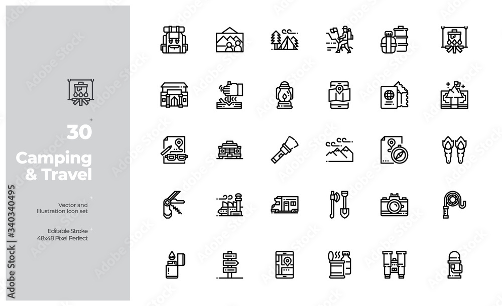 Vector Line Icons Set of Camping Icon. Editable Stroke. Design for Website, Mobile App and Printable Material. Easy to Edit & Customize.