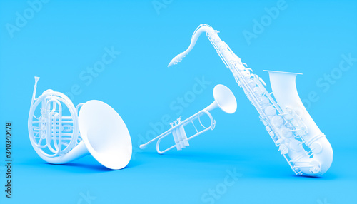 white wind instruments on a blue background