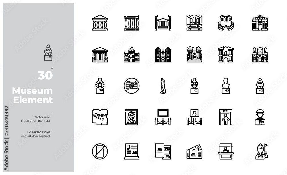 Vector Line Icons Set of Museum Icon. Editable Stroke. Design for ...