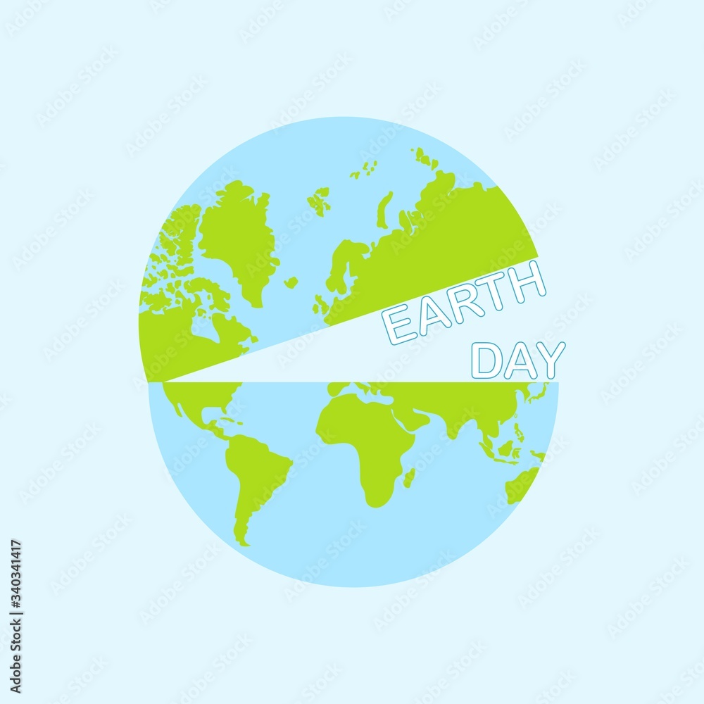 Round globe icon cut in half and earth day text in the middle of the world sign, vector