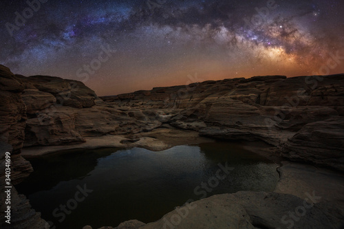 Amazing of rocks, Natural of rock canyon in mekhong river in summer, Three thousand hole, Ubon Ratchathani province, North east Thailand,Stone mountain view with Milky way at the lake in thailand. 