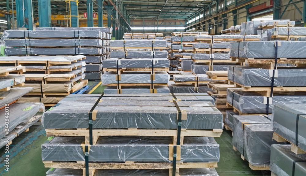 Sheared Steel sheet, Plate metal strap in factory warehouse, coil center Sheared Steel sheet, Plate metal strap in factory warehouse, coil center