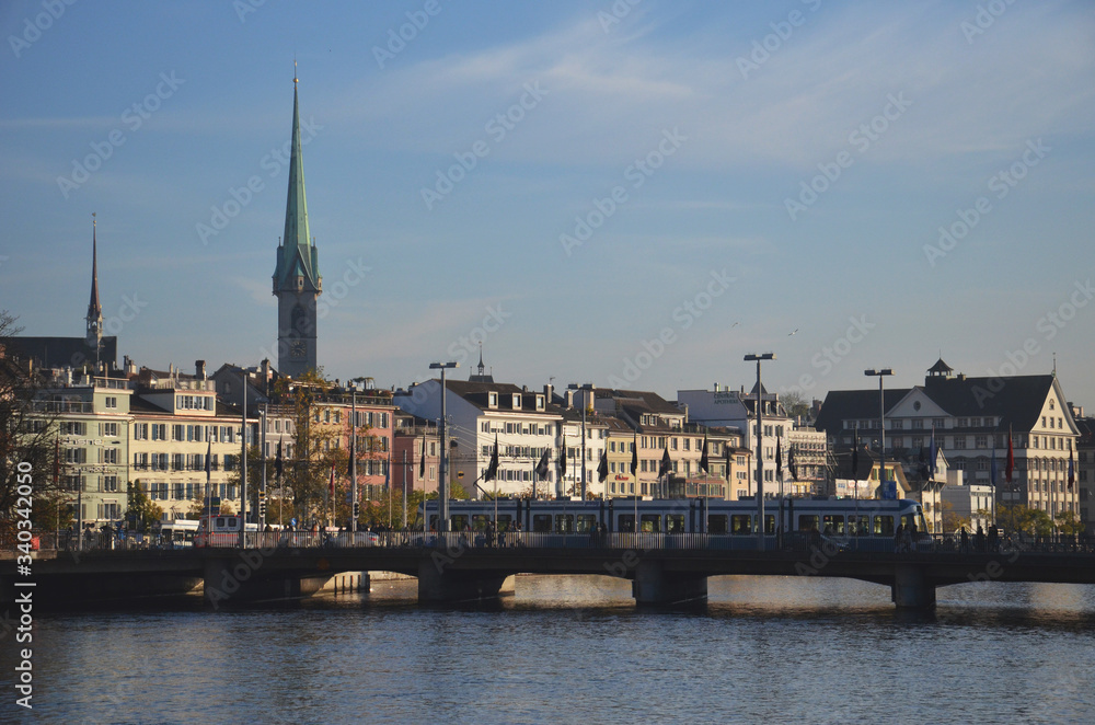 Zurich and the Limmat river, grossmunster church in background