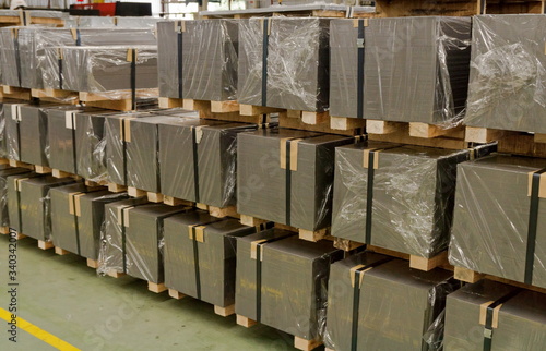 Steel sheet stacked in stock of coil center warehouse