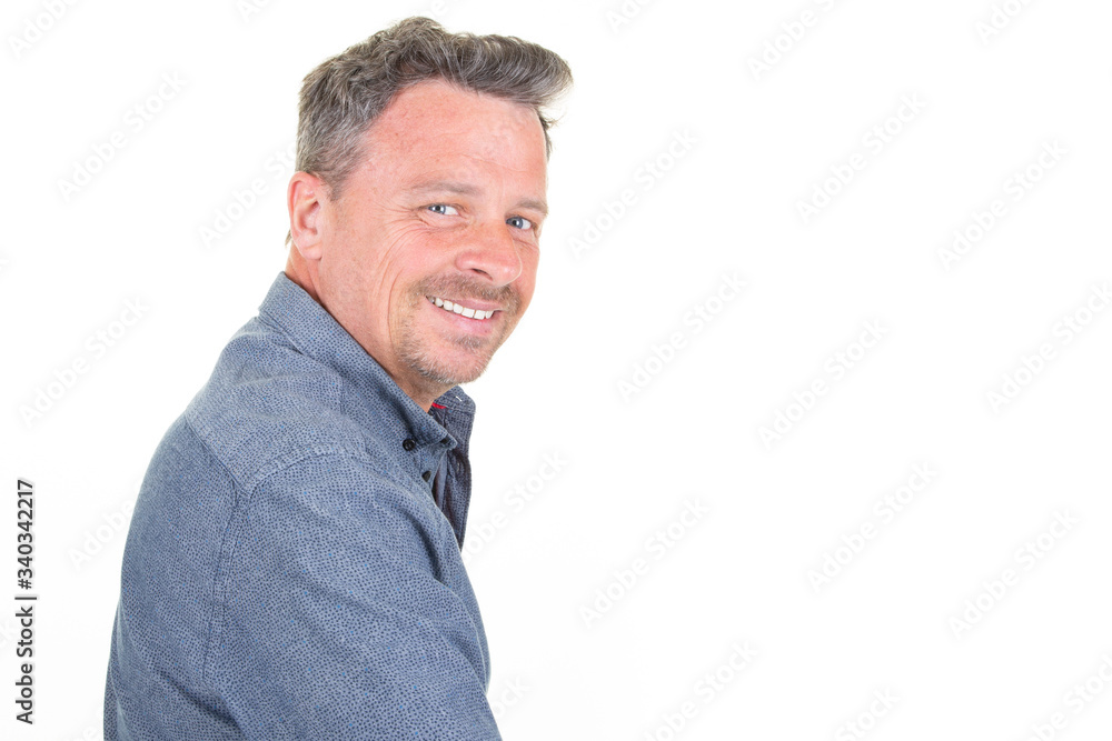 side profile studio Shot Of Middle aged Man Against White Background Smiling At Camera aside empty blank copy space side profile studio Shot Of Middle aged Man Against White Background Smiling At Camera aside empty blank copy space