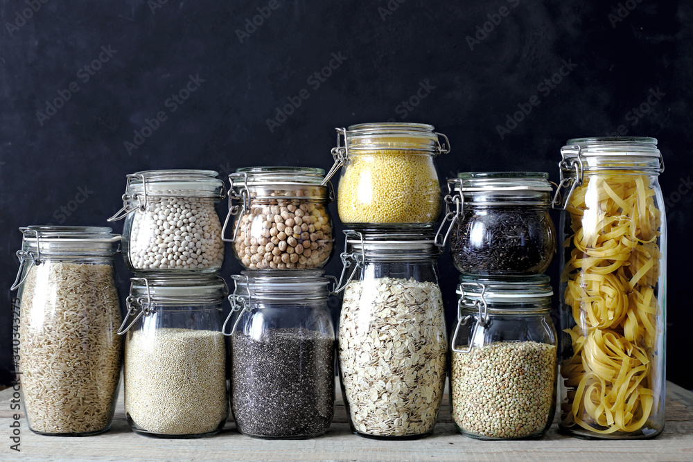 Healthy food products in glass jars Healthy food products in glass jars