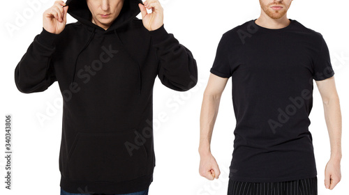 Black Hoody T-shirt mock up set isolated front view, man in black hoody and man in t shirt mockup set isolated on white background. Two guys in empty black hoodie and tshirt collage