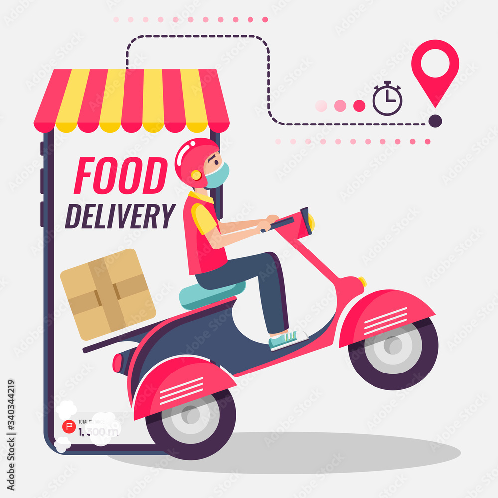 Online delivery service , online order tracking, delivery home and office. Scooter delivery. Shipping. Man on the bike with mask. Vector illustration Online delivery service , online order tracking, delivery home and office. Scooter delivery. Shipping. Man on the bike with mask. Vector illustration