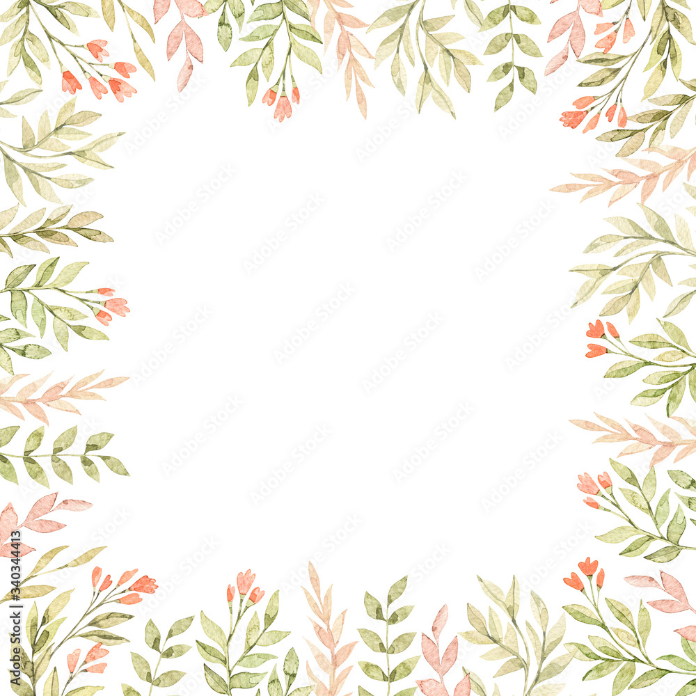 Watercolor botanical frame with cute flowers, branches, green leaves. Greenery and Field red flowers. Floral design elements. Perfect for  invitations, cards, frames, posters, packing