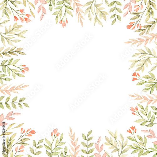Watercolor botanical frame with cute flowers, branches, green leaves. Greenery and Field red flowers. Floral design elements. Perfect for invitations, cards, frames, posters, packing