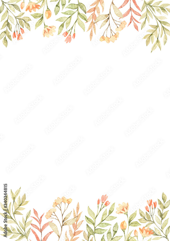 Watercolor botanical frame with cute flowers, branches, green leaves. Greenery, Field red and yellow flowers. Floral design elements. Perfect for invitations, cards, frames, posters, packing Watercolor botanical frame with cute flowers, branches, green leaves. Greenery, Field red and yellow flowers. Floral design elements. Perfect for invitations, cards, frames, posters, packing
