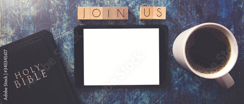 Join Us in Block Letters on a Wooden Table with Bible and Tablet