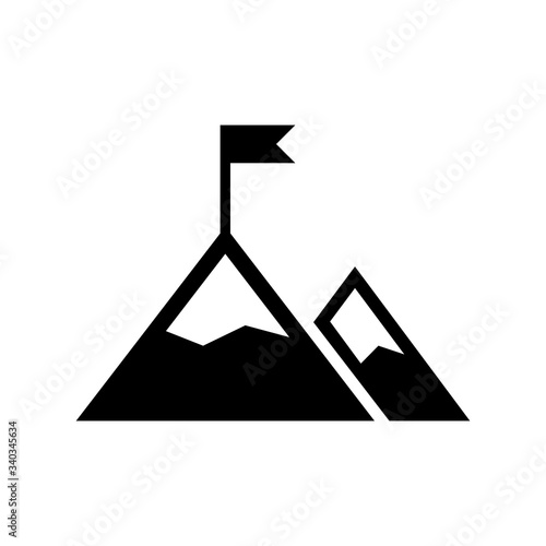 Mission icon, goal, mountain with a flag in black simple design on an isolated background. EPS 10 vector.
