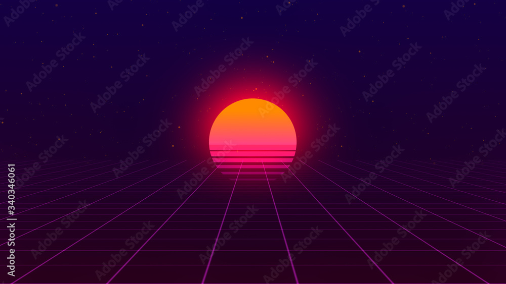 Retro background. 80s style. Futuristic retro horizon landscape with sun and neon light grid. 3D-rendering.  - obrazy, fototapety, plakaty 
