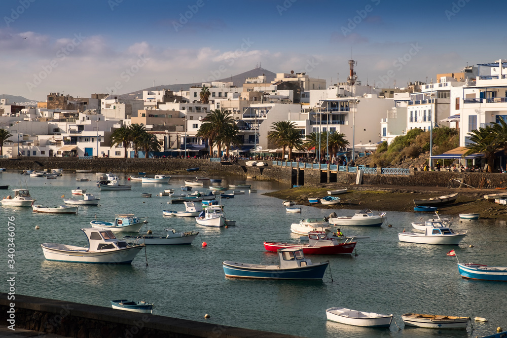 Fisher boats at the laguna Charco de San Gines, city of Arrecife, Lanzarote, Canary Islands