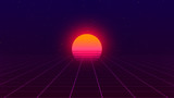 Retro background. 80s style. Futuristic retro horizon landscape with sun and neon light grid. 3D-rendering. 