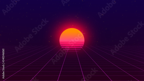 Retro background. 80s style. Futuristic retro horizon landscape with sun and neon light grid. 3D-rendering. 