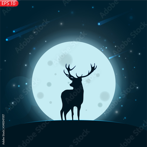 Silhouette of a deer with moonlight and stars.