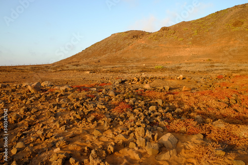 Arid desert landscape with rolling red hills.