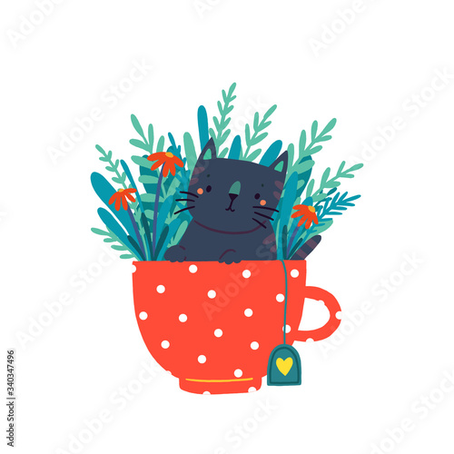 A cute kitten sits in a mug surrounded by flowers and leaves. Cat in a cup for children. It can be used in postcards, posters, textiles, covers.