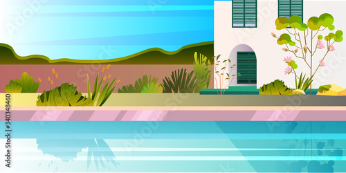 Horizontal summer view with house, pool, plants, blooming tree. Panoramic banner with luxury villa, backyard, water, sky, exotic flowers. Hotel relax zone concept in flat style.