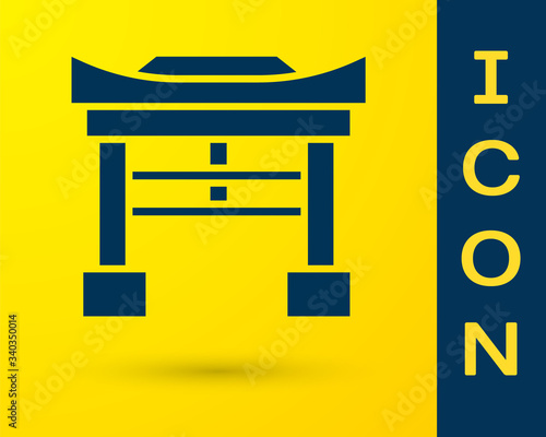 Blue Japan Gate icon isolated on yellow background. Torii gate sign. Japanese traditional classic gate symbol.  Vector Illustration