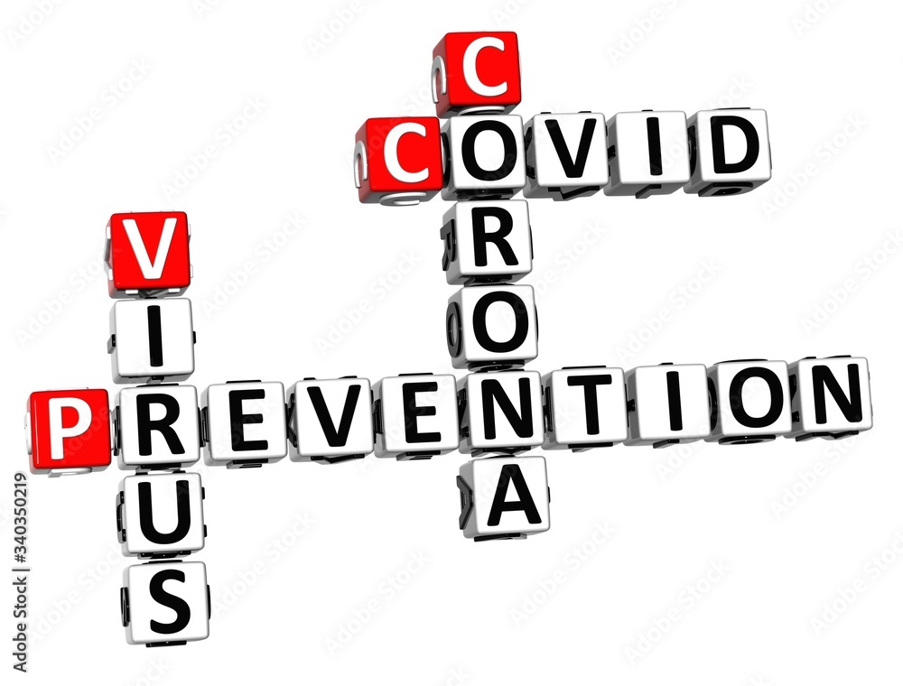 Prevention Coronavirus COVID-19. 3D red-white crossword puzzle on white background. Corona Virus Creative Words. Prevention Coronavirus COVID-19. 3D red-white crossword puzzle on white background. Corona Virus Creative Words.