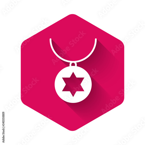 White Star of David necklace on chain icon isolated with long shadow. Jewish religion. Symbol of Israel. Jewellery and accessory. Pink hexagon button. Vector Illustration