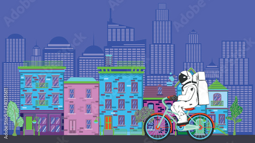 Astronaut on bicycle in city