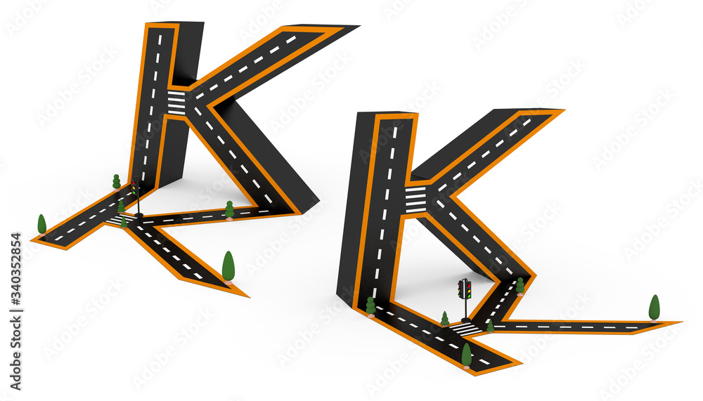 Alphabet symbols of the Figures in the form of a road, white and yellow line markings on white background with clippling paths.