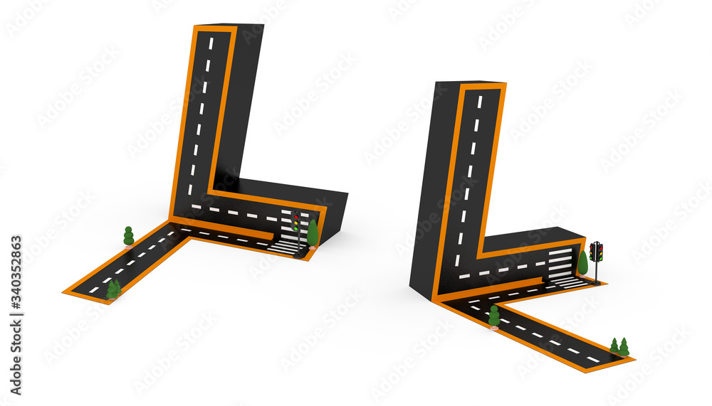 Alphabet symbols of the Figures in the form of a road, white and yellow line markings on white background with clippling paths. Alphabet symbols of the Figures in the form of a road, white and yellow line markings on white background with clippling paths.