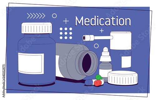 Medication, pharmaceutics concept. Medical pills and bottles. Medicine, pharmacy, hospital set of drugs with labels. Vector illustration
