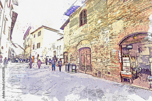 Watercolor drawing color picture of San gimignano hamous world herritage site at Italy. photo