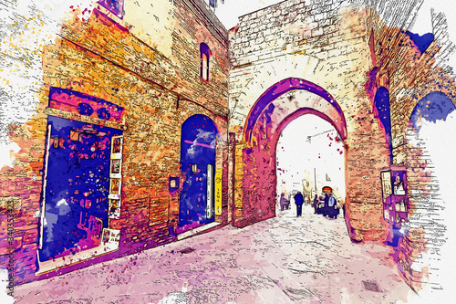 Watercolor drawing color picture of San gimignano hamous world herritage site at Italy.