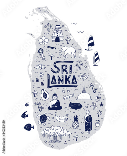 Travel map of Sri Lanka hand-drawn in doodle style. The main symbols and attractions of the country with lettering. Vector illustration in Scandinavian style. Poster with landmarks.