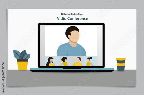 Video conference. People group on computer screen taking with colleague. Video conferencing and online communication vector concept. Illustration of communication screen conference, videoconferencing.