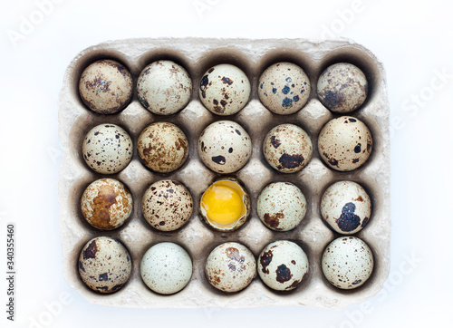 Quail eggs in a carton on a white background. Healthy food.