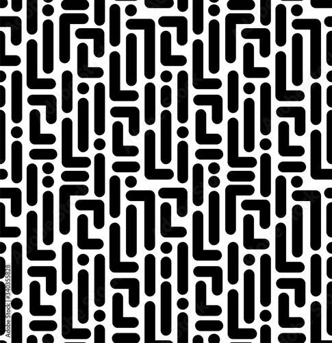 Memphis black white pattern as maze. Simple seamless pattern of geometry shapes. Abstract background, vector illustration.