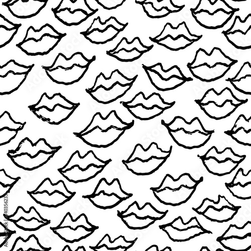 Seamless white and black pattern with handdrawn pen lips.