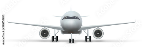 Front view of Civil Aircraft standing on the chassis  isolated on background. Public or private plane as business and travel design concept. Vector Illustration.