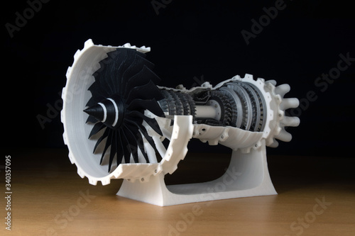 Photography 3d printed jet engine scale model. High bypass aircraft turbofan