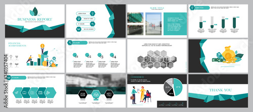Turquoise business presentation, infographic elements design template on white background. Teamwork of people in the city, businessman. Use in presentations, corporate report flyers, marketing banner