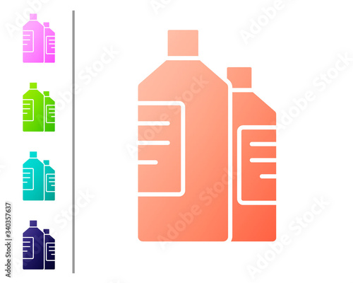 Coral Plastic bottles for laundry detergent, bleach, dishwashing liquid or another cleaning agent icon isolated on white background. Set color icons. Vector Illustration